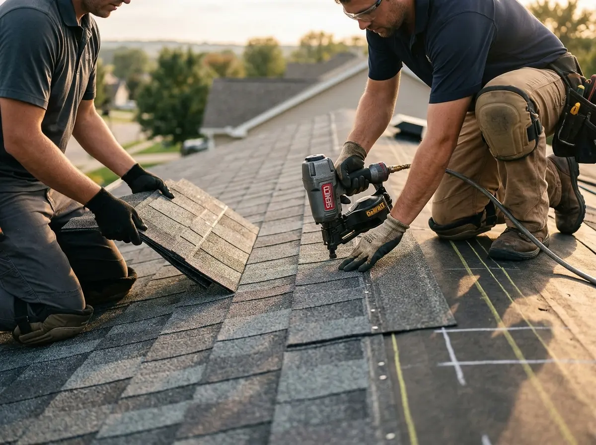 Professional roofer working on a residential roof in Asheboro